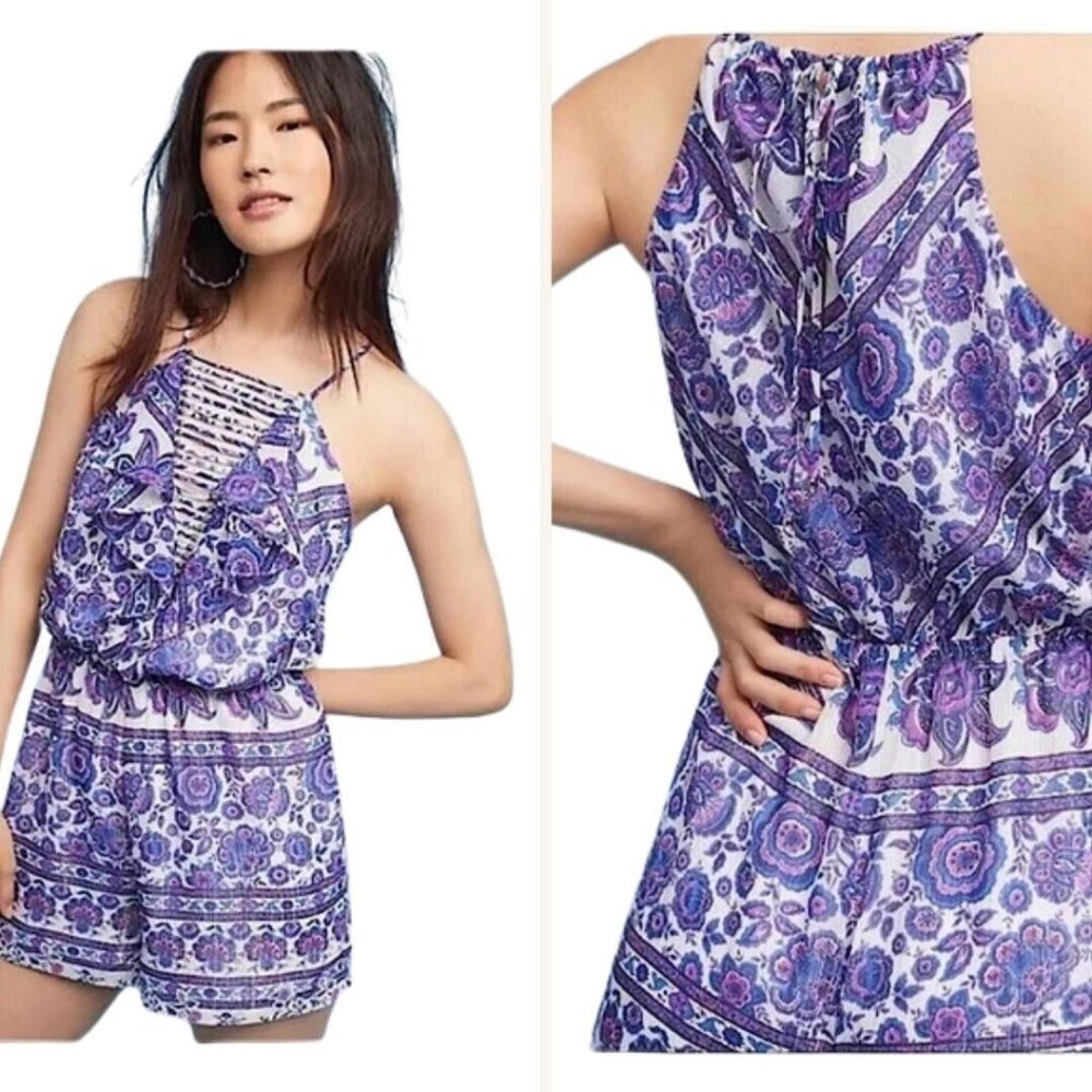 Anthropologie Elevenses Joanie Romper Womens sz SP Metallic Ladder Ruffle Purple